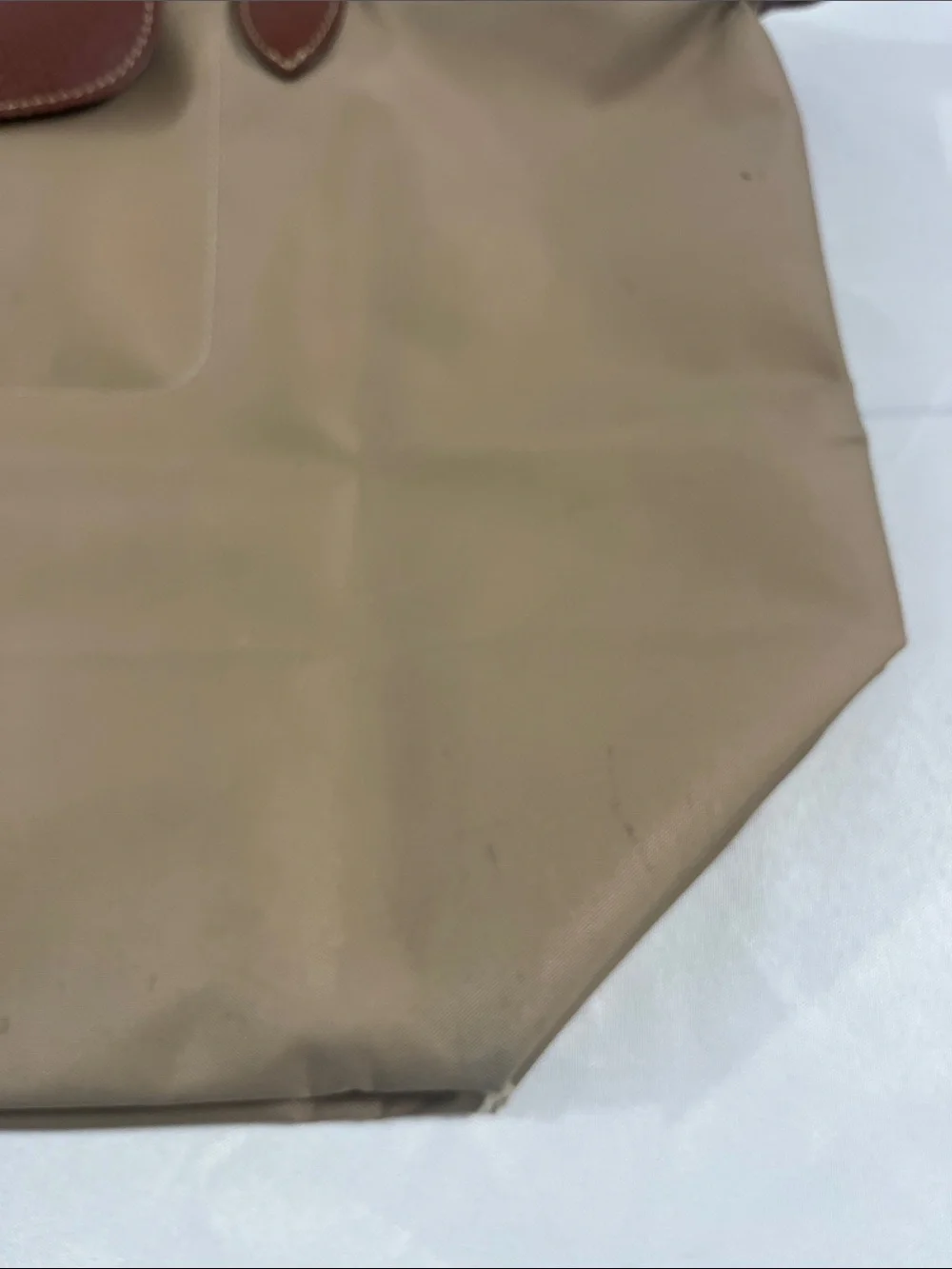 Longchamp Large Tote - Tan Nylon, Brown Leather - Packable - Fair Condition